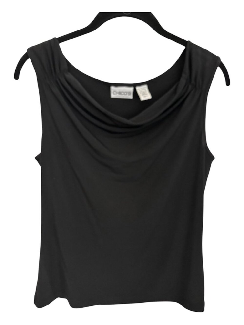 Vintage Chico's Travelers Black Cowl Neck Ruched Shoulder Tank Top Size 1 (US 8)